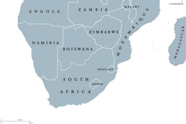 Southern Africa region political map Southern Africa region political map. Southernmost region of African continent. South Africa, Namibia, Botswana, Swaziland and Lesotho. English labeling. Gray illustration on white background. Vector. southern africa stock illustrations