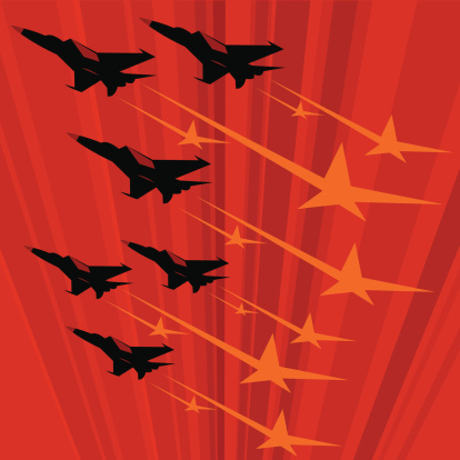 Soviet propaganda poster with MIG jets flying fast
