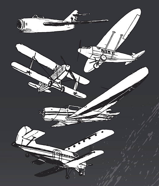 Soviet retro planes collection Ink hand drawn old airplanes drawing of fighter planes stock illustrations