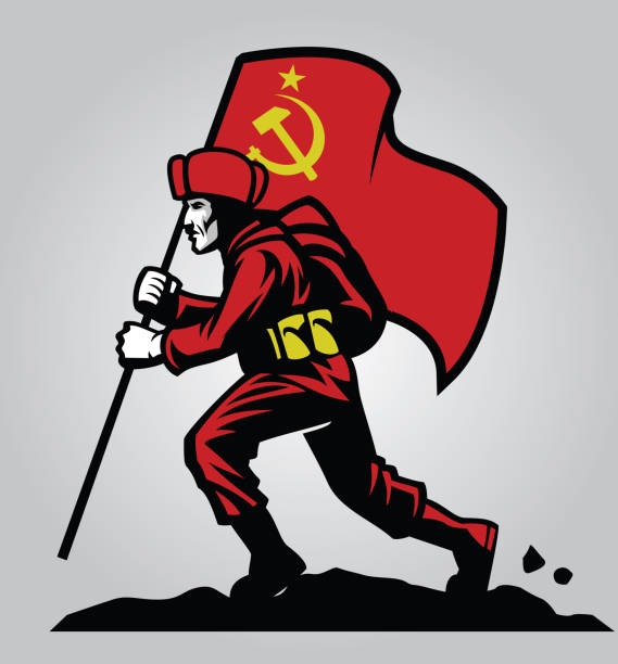żołnierz związku radzieckiego niosący flagę - russian army stock illustrations