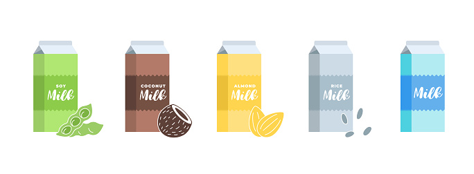 Soy, almond, coconut, rice and cow milk cardboard box set. Carton packaging design element collection. Hand drawn healthy vegan lactose free drink. Isolated vector illustration