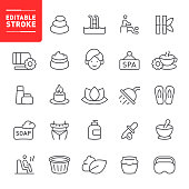 Spa, wellbeing, massaging, sauna, editable stroke, outline, icon, icon set, aromatherapy, teapot, relaxation