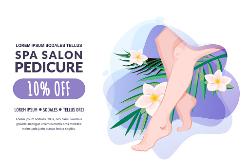 Spa pedicure and feet massage, vector illustration. Women legs, tropical leaves, flowers on water splash background