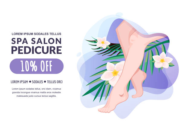 Spa pedicure and feet massage, vector illustration. Women legs, tropical leaves, flowers on water splash background Spa pedicure, feet massage, female body care. Vector flat cartoon illustration. Women legs, palm tropical leave, plumeria flowers on water splash background. Beauty salon banner, poster, coupon design nail salon stock illustrations