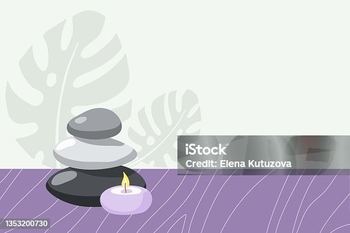 istock Spa time. Burning candle, stones on wooden table and monster leaves in fashionable modern style. Beauty spa treatment and relax concept for wellness, thai massage, meditation center, home spa 1353200730