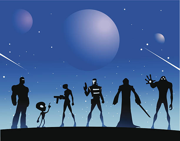 Space Alien Superheroes A silhouette style illustration of a team of space alien superheroes  robot silhouettes stock illustrations