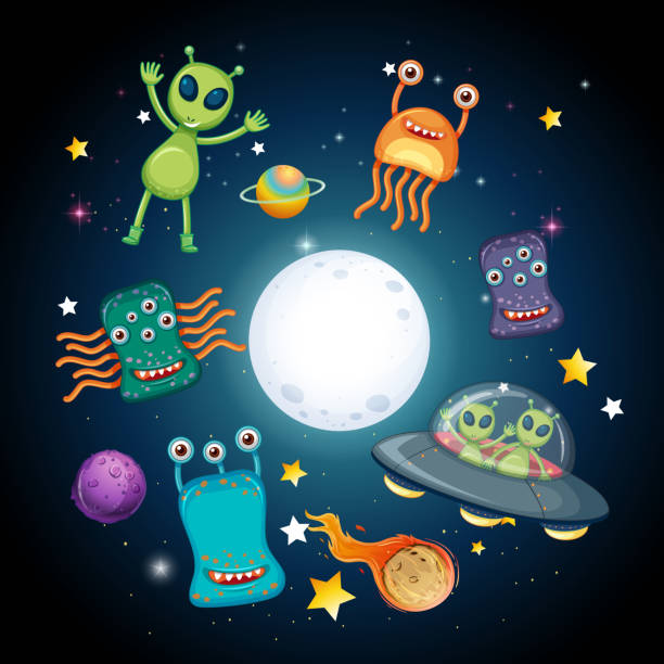 A space and aliens vector art illustration