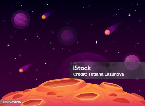 istock Space asteroid surface. Planet with craters surface, space planets landscape and comet crater cartoon vector illustration 1085939096