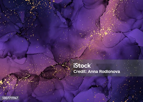 istock Space background with purple watercolor waves or fluid art in alcohol ink style with golden splashes. 1307711147