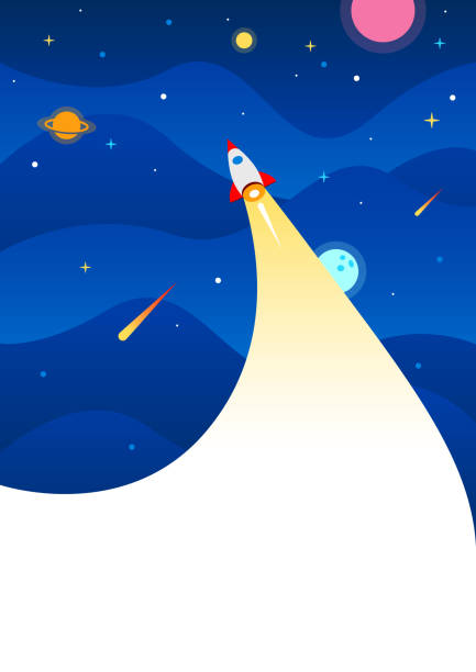 Space background with rocket Flat design concept of rocket flying high into space, leaving white vapor trail. Space for your text or message. rocketship borders stock illustrations