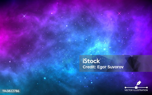 istock Space background with stardust and shining stars. Realistic colorful cosmos with nebula and milky way. Blue galaxy backdrop. Beautiful outer space. Infinite universe. Vector illustration 1143822786