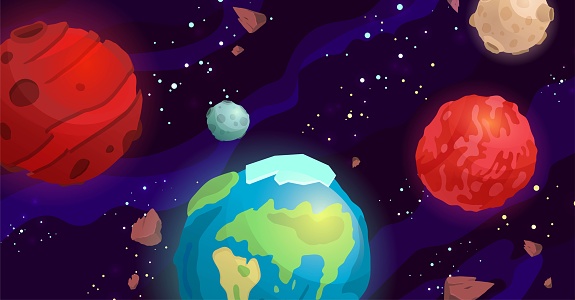 ✓ Imagen de Ilustración vectorial de dibujos animados espaciales. Galaxia,  cosmos, elementos del universo para juegos de ordenador, libro para niños.  Fotografía de Stock