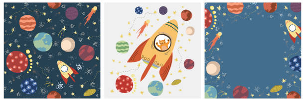 Space collection in scandinavian style. Greeting card and seamless pattern. Hand drawn space, rocket, star, planet, comets. Kids vector illustration on blue background. Space collection in scandinavian style. Greeting card and seamless pattern. Hand drawn space, rocket, star, planet, comets. Kids vector illustration on blue background. rocketship borders stock illustrations