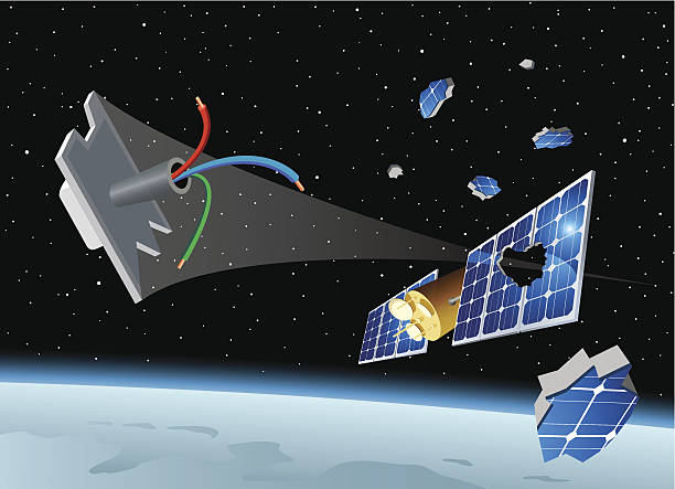 Space debris destroys the solar panel of a satellite vector art illustration