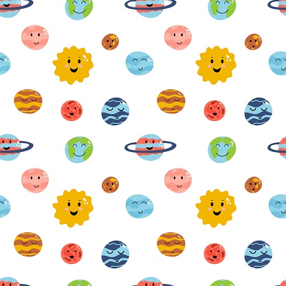 Space elements seamless pattern in cartoon flat childish style. Vector illustration of planets earth, venus, mercury, jupiter, saturn, mars, neptune, uranus, pluto for baby apparel, textile and product design
