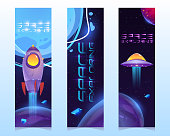 Space exploring cartoon vertical banners, alien ufo saucer, astronaut rocket or shuttle, planets and asteroids in outer space. Kids bookmarks with fantasy galaxy cosmic and Universe objects vector set