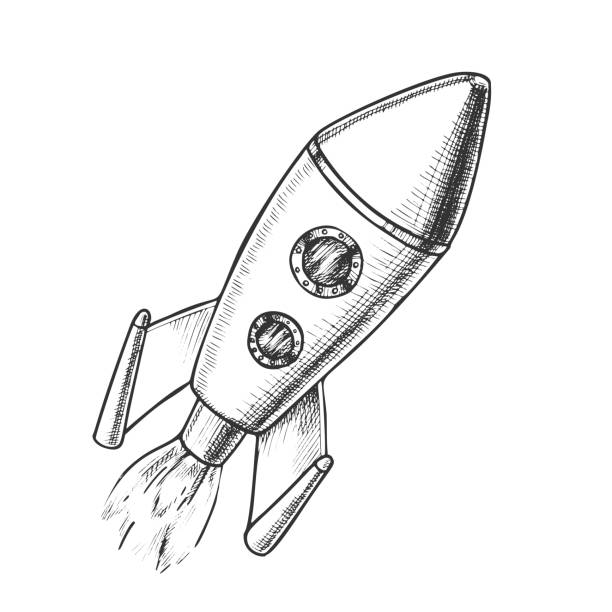 Space Exploring Launch Rocket Monochrome Vector Space Exploring Launch Rocket Monochrome Vector. Flying Astronautic Transport Rocket For Explore Cosmos. Spaceship Galaxy Science Technology Designed In Retro Style Black And White Illustration rocketship drawings stock illustrations