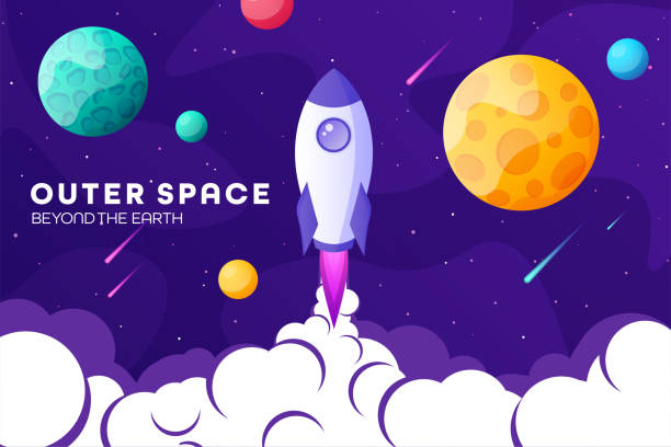 Space futuristic modern, colorful background with rocket, planets and stars. Starship, spaceship in night sky. Solar system, galaxy and universe exploration. Vector illustration Space futuristic modern, colorful background with rocket, planets and stars. Starship, spaceship in night sky. Solar system, galaxy and universe exploration. Vector illustration rocketship borders stock illustrations