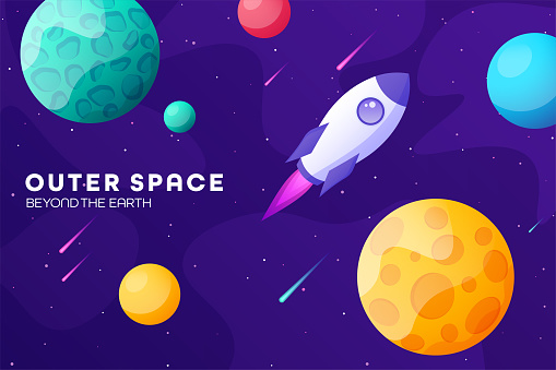 Space futuristic modern colorful background with rocket. Starship, spaceship in night sky. Solar system, galaxy and universe exploration. Vector illustration