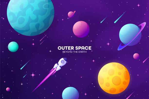 Space futuristic modern colorful background with rocket. Starship, spaceship in night sky. Solar system, galaxy and universe exploration. Vector illustration Space futuristic modern colorful background with rocket. Starship, spaceship in night sky. Solar system, galaxy and universe exploration. Vector illustration rocketship borders stock illustrations