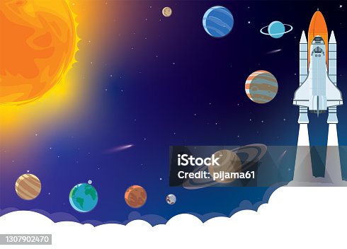 istock Space horizontal background with rocket, planets, cosmonaut and copy space for your text in cartoon style. Concept banner with the solar system for your design. 1307902470