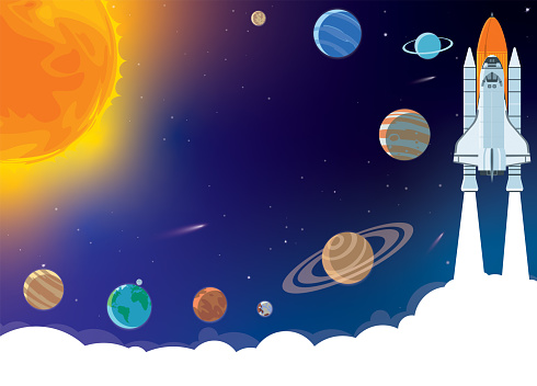 Space horizontal background with rocket, planets, cosmonaut and copy space for your text in cartoon style. Concept banner with the solar system for your design.