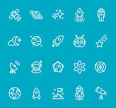 Pixel Perfect - Isolated on Blue - Space Icon Set #67
Icons are designed in 48x48pх square, outline stroke 2px.

First row of outline icons contains: 
Satellite, Saturn, Star Shape, Ship Launch, Astronaut; 

Second row contains: 
Moonlight, Planet - Space, Start Up, Robot, Meteor;

Third row contains: 
Satellite Dish, Cosmonaut, Moon, Atom, Solar System; 

Fourth row contains: 
Planet Earth, Rocket, Determination, Space Shuttle, Telescope.

Complete Bimico collection - https://www.istockphoto.com/collaboration/boards/t8tfiS1uqEecwP9AO9SJmw