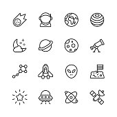 16 Space Outline Icons. Comet, Asteroid, Astronaut, Space Suit, Planet, Planet Earth, Cosmos, Star, Moon, Orbit, Mars, Telescope, Galaxy, Outer Space, Spaceship, Space Travel, Moon Landing, Alien, Flag, Atom, Satellite, Robot, Artificial Intelligence, Scientist, Rocket Science, Book, Astronomy, Black Hole, Discovery, Rocket.