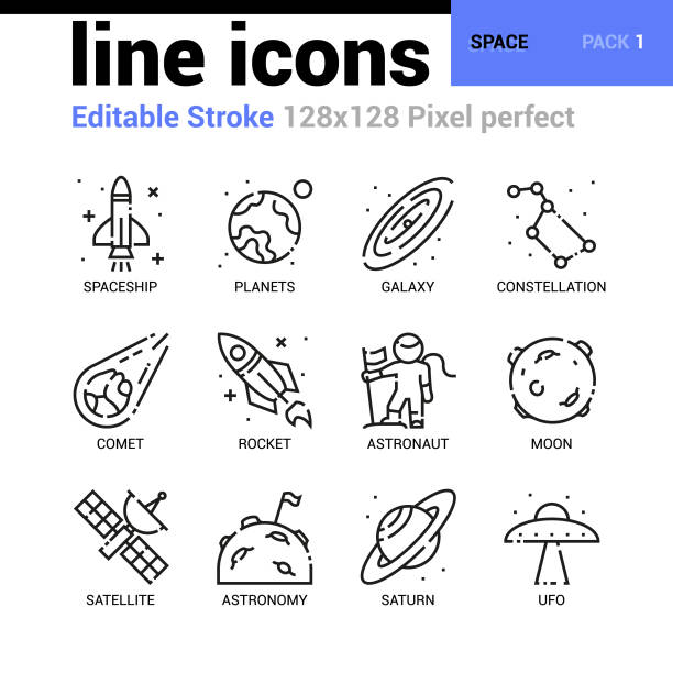 Space line icons set - Editable Stroke, Pixel perfect thin line vector icons for web design and website application. Space line icons set - Editable Stroke, Pixel perfect thin line vector icons for web design and website application. rocketship symbols stock illustrations