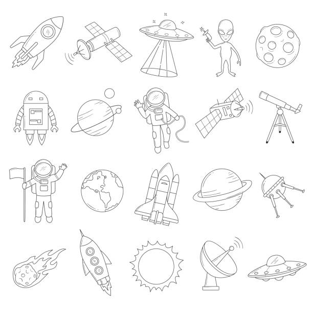 Space Object Vector Set Set of space object illustration robot drawings stock illustrations