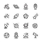 16 line black on white icons / Set #69
Pixel Perfect Principle - all the icons are designed in 48x48pх square, outline stroke 2px.

First row of outline icons contains: 
Satellite, Saturn, Ship Launch, Astronaut;

Second row contains: 
Starry sky, Rocket, Asteroid, Meteor;

Third row contains: 
Radio Telescope, Planet - Space, Cosmonaut, Solar System; 

Fourth row contains: 
Planet Earth, Space Shuttle, Landing on Mars, Telescope.

Complete Inlinico collection - https://www.istockphoto.com/collaboration/boards/2MS6Qck-_UuiVTh288h3fQ