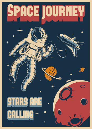 Space poster. Vintage postcard with outdoor mars exploration on flying rocket shuttle exact vector templates with place for text