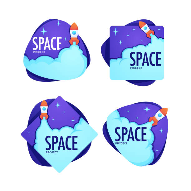 Space project, vector collection of Sci-Fi label, emblems, logo, stickers Space project, vector collection of Sci-Fi label, emblems, logo, stickers rocketship borders stock illustrations