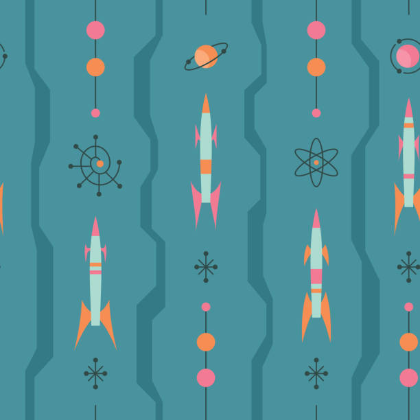 Space retro futurism - mid-century modern art vector background. Abstract geometric seamless pattern. Decorative ornament in vintage design style. Atomic stylized backdrop. Space retro futurism - mid-century modern art vector background. Abstract geometric seamless pattern. Decorative ornament in vintage design style. Atomic stylized backdrop. rocketship backgrounds stock illustrations