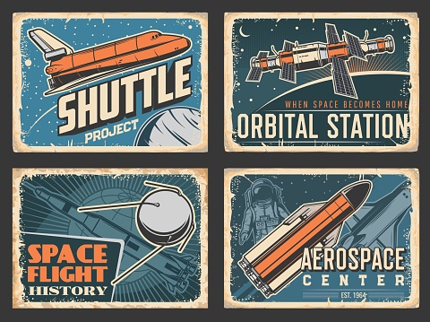Space retro posters, orbital station and shuttle
