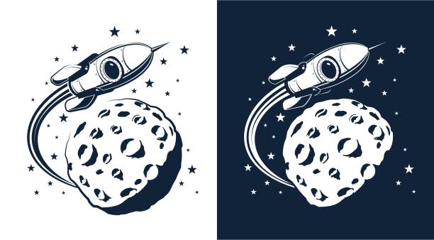 ilustrações de stock, clip art, desenhos animados e ícones de space rocket flies around the planet with craters similar to the moon - moon b&w