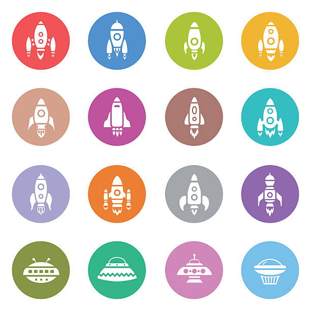 Space Rocket Icons Illustrator Vector EPS file (any size), High Resolution JPEG preview (5417 x 5417 px) and Transparent PNG (5417 x 5417 px) included. Each element is named, grouped and layered separately. Very easy to edit. rocketship silhouettes stock illustrations