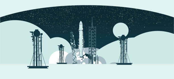 illustrations, cliparts, dessins animés et icônes de espace fusée nuit lancement - rampe de lancement