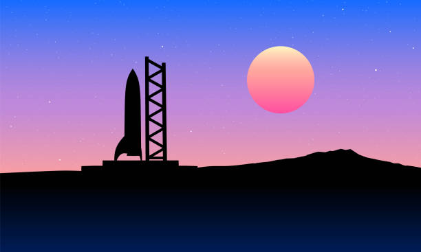 Space rocket ready to start on launching site. Spaceship silhouette takeoff countdown on the sunset illustration Space rocket ready to start on launching site. Spaceship silhouette takeoff countdown on the sunset illustration spaceport stock illustrations