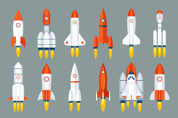 stockillustraties, clipart, cartoons en iconen met ruimte raket start-up-lancering symbool innovatie ontwikkeling technologie platte ontwerp pictogrammen instellen sjabloon vectorillustratie - raket ruimteschip