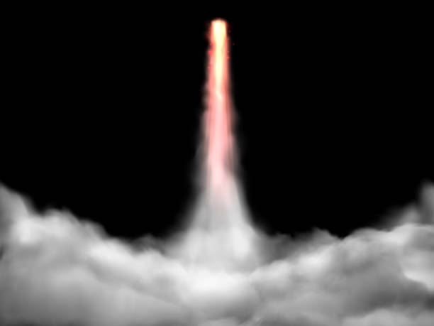 Space rocket takeoff track. Spaceship fly rockets launch smoke cloud isolated realistic vector illustration Space rocket takeoff track. Spaceship fly rockets launch smoke cloud. Rocket smoke blast fire steam or spaceship vapor burst. Isolated realistic vector illustration rocket fire stock illustrations
