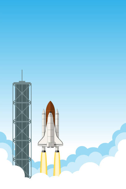illustrations, cliparts, dessins animés et icônes de lancement de la navette spatiale américaine. arrière-plan avec la pièce pour le texte. - rampe de lancement