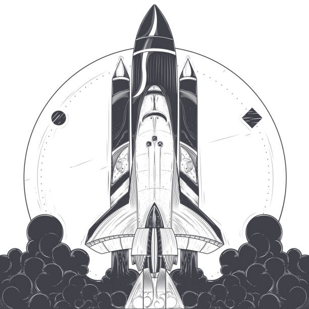 Space shuttle with carrier rockets launch vector Space shuttle take-off with fire and smoke exhaust from engines engraved vector illustration on white background. Modern spacecraft launch, reusable spaceship with carrier rocket start print or tattoo rocketship drawings stock illustrations