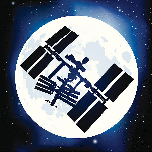 Space Station Space station silhouetted against the moon.  international space station stock illustrations