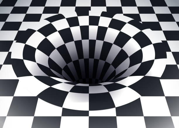 Space Time Warp Checkered Abstract Background Warp in space time continuum abstract black and white checkered 3d space. chess backgrounds stock illustrations