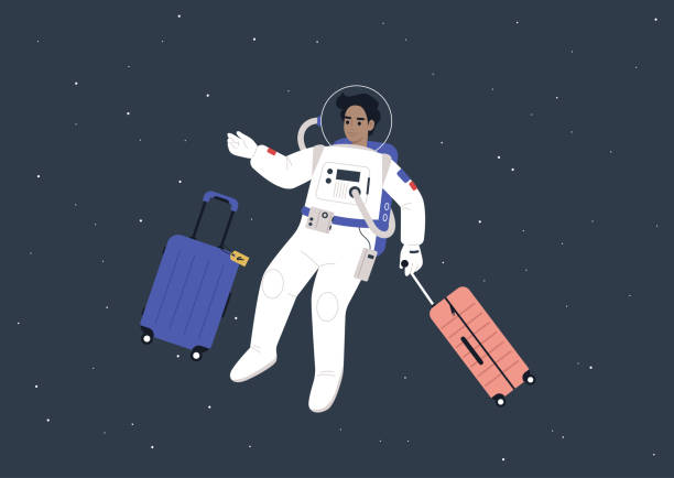 illustrations, cliparts, dessins animés et icônes de concept de tourisme spatial, un jeune astronaute masculin dans une combinaison spatiale voyageant avec des bagages dans l’espace extra-spatial - night lugage