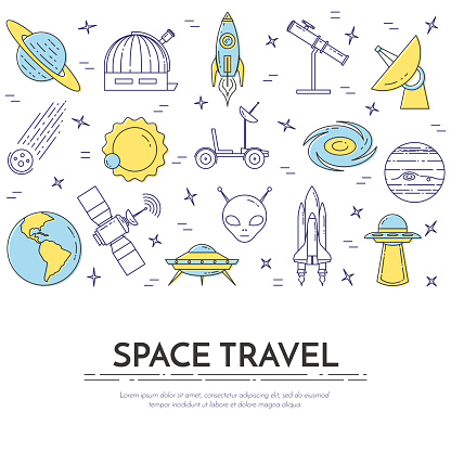 宇宙旅行ライン バナー。惑星、宇宙船舶、ufo、衛星、スパイグラスと他コスモス ピクトグラムの要素のセットです。 - イラスト素材...