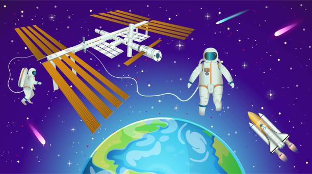 Space Space background with international space station, planet earth, astronauts and space shuttle in cartoon style. international space station stock illustrations