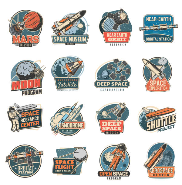 Space vector retro icons universe research set Space vector retro icons mars mission, space museum and near earth orbital station, moon program, artificial satellite and deep space exploration. Research center, cosmodrome and shuttle project set spaceport stock illustrations