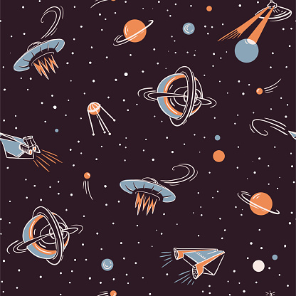 Space Vector Seamless Pattern Space Fabric Design With Rockets Planets ...